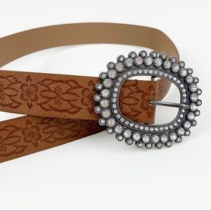 Rhinestone Buckle Belt L Tooled Style Faux Leather